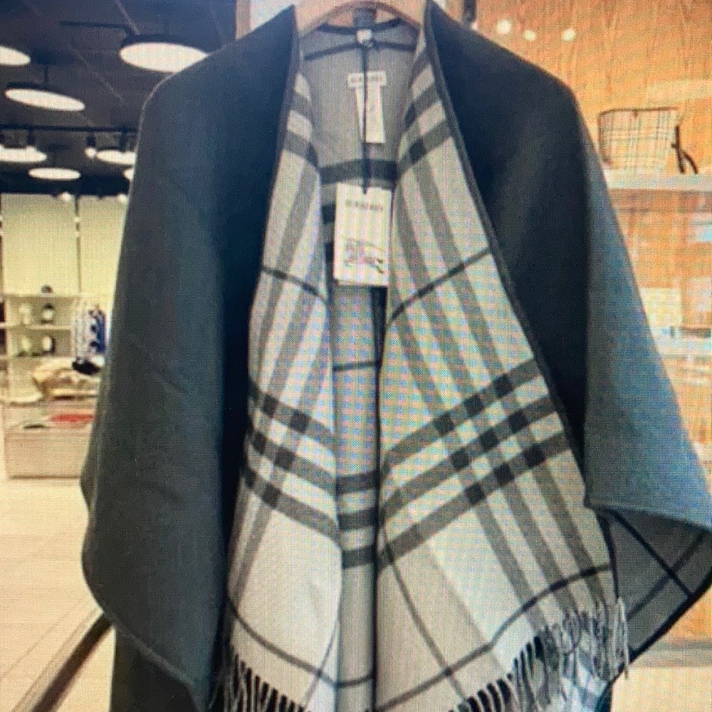 Burberry Wool Fringe Poncho Cape Black and Gray